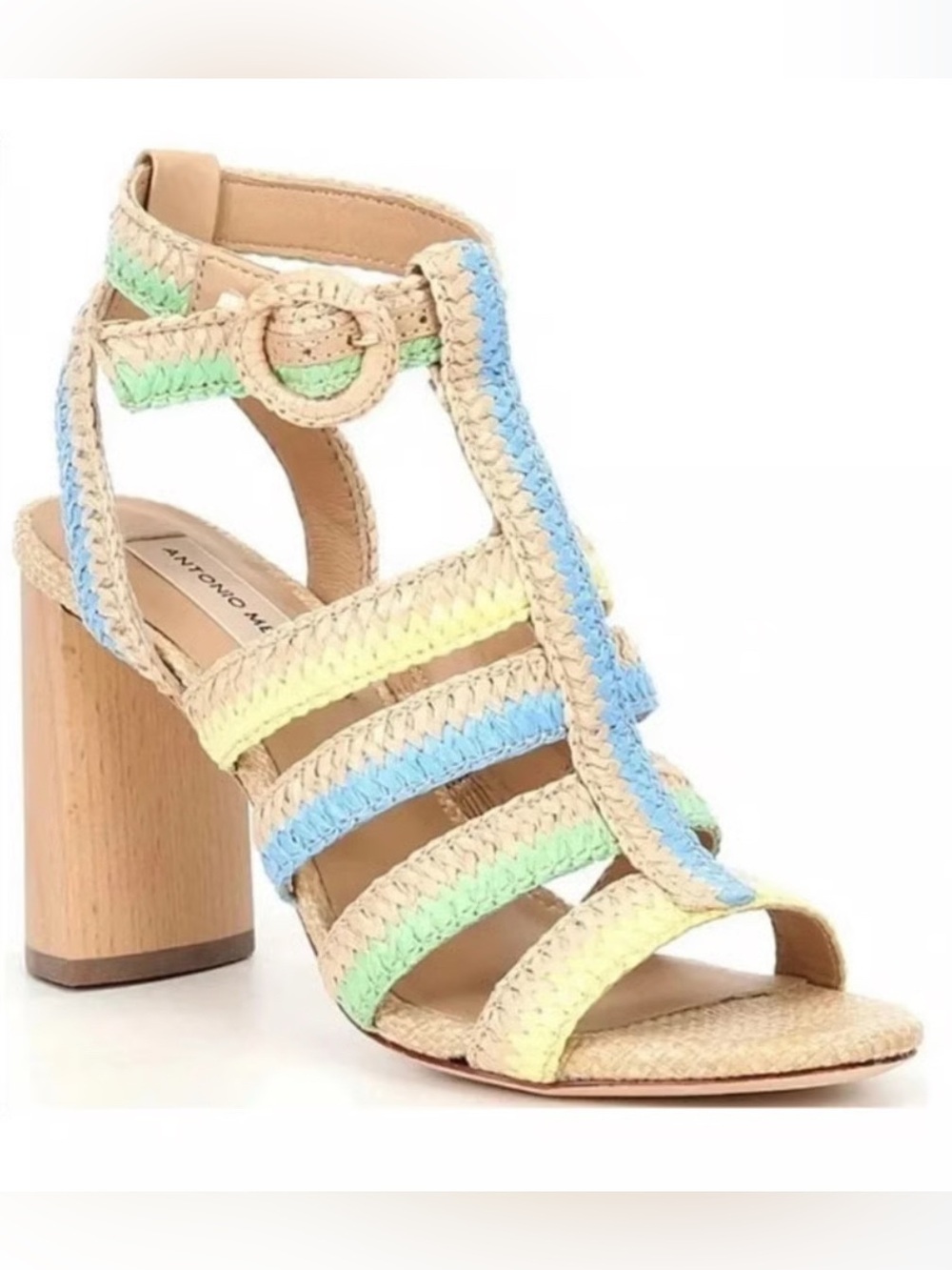 ANTONIO MELANI Tan Braided Strappy Heels with Blue, Green & Yellow Accents